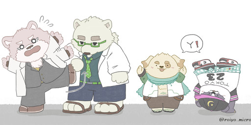 3_toes anthro barefoot bottomwear chibi clothing eyewear feet flip_flops footwear glasses group hat headgear headwear kemono male pants sandals scared scarf shirt shoes shorts slightly_chubby toes topwear wearing_glasses roiyo_micro lifewonders tokyo_afterschool_summoners alp_(tas) cu_sith_(tas) jambavan_(tas) leib_(tas) bear canid canine canis domestic_dog giant_panda mammal polar_bear ursine 2021
