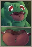 ?! ambiguous_gender clothed_human extreme_size_difference feral gradient_background larger_ambiguous larger_feral male on_tongue open_mouth simple_background size_difference small_teeth smaller_human smaller_male stuck_to_tongue tongue tongue_out suddendraft nintendo pokemon draft_(suddendraft) pokemon_trainer bulbasaur generation_1_pokemon human mammal pokemon_(species) 2023 digital_media_(artwork) hi_res