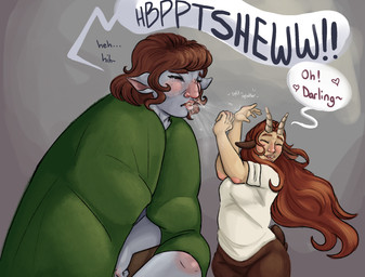 bedding big_nose blanket bodily_fluids clothing duo female female/female horn ill light not_furry saliva shirt size_difference sneeze sneezing_on_another snot tail topwear white_clothing white_shirt white_topwear wrapped_in_blanket jjunebugz dungeons_and_dragons hasbro wizards_of_the_coast nyssa_(jjunebugz) wynrel_(jjunebugz) firbolg horned_humanoid humanoid satyr tailed_humanoid colored digital_drawing_(artwork) digital_media_(artwork) lighting shaded
