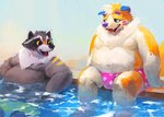 anthro belly clothing duo male nipples outside overweight overweight_male sitting swimwear water racoonwolf canid canine canis domestic_dog mammal procyonid raccoon 2020