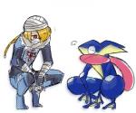 ambiguous_gender anthro blonde_hair blue_body blue_clothing blue_skin clothing crouching duo emanata female hair long_tongue looking_at_another membrane_(anatomy) pink_tongue red_eyes simple_background slav_squat tongue tongue_out webbed_hands white_background wraps o0reika0o nintendo pokemon super_smash_bros. the_legend_of_zelda sheik_(tloz) amphibian generation_6_pokemon greninja humanoid hylian mammal pokemon_(species) crossover