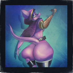anthro belt big_butt breasts butt cloak cloak_only clothing female hood huge_butt huge_hips legwear markings non-mammal_breasts prosthetic prosthetic_arm prosthetic_limb purple_body purple_skin rear_view scale_markings scales small_breasts solo tail thick_thighs thigh_highs under_boob wide_hips anonymous_artist kuu_(a_vaporeon) kobold scalie 1:1 digital_media_(artwork) hi_res