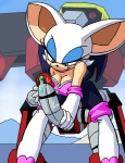 anthro bat big_breasts blue_eyes breasts cleavage clothed clothing dboy duo e-123_omega e-series erection female genitals huge_breasts machine male mammal penis robot rouge_the_bat sega smile sonic_adventure sonic_the_hedgehog_(series)