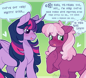 blush curly_hair dialogue_box duo female female/female feral hair horn long_hair simple_background text wings pink-sharkz friendship_is_magic hasbro my_little_pony mythology cheerilee_(mlp) twilight_sparkle_(mlp) earth_pony equid equine horse mammal mythological_creature mythological_equine pony winged_unicorn english_text hi_res