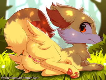 anus butt clitoris female feral forest fur genitals grass inner_ear_fluff looking_at_viewer looking_back lying multicolored_body multicolored_fur on_side pawpads paws plant presenting presenting_hindquarters presenting_vulva raised_tail red_eyes solo tail tree tuft vulva white_body white_fur yellow_body yellow_fur amberpendant nintendo pokemon canid canine fennekin generation_6_pokemon mammal pokemon_(species) 2019 4:3 hi_res