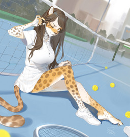 5_fingers anthro ball biped black_ears bottomwear breasts claws clothed clothed_anthro clothed_female clothing countershade_face countershade_hands countershading eyebrows feet female finger_claws fingers footwear fully_clothed fully_clothed_anthro fully_clothed_female fur fur_growth growth hair human_to_anthro long_hair looking_at_viewer markings mid_transformation mouth_closed net one_eye_closed one_shoe_on outside philtrum plantar_flexion plantigrade shoes sitting sitting_on_ground skirt snout solo species_transformation sportswear spots spotted_arms spotted_body spotted_face spotted_fur spotted_hands spotted_legs spotted_markings spotted_neck spotted_tail tail tail_markings tennis_ball tennis_court tennis_net tennis_racket toe_claws toes topwear transformation white_bottomwear white_clothing white_footwear white_inner_ear white_shoes white_skirt white_sportswear white_topwear ora_ozen felid feline mammal 2024 hi_res