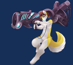 4_toes 5_fingers accessory anthro barefoot biped black_nose brown_eyes brown_hair electronics featureless_crotch feet fingers fur gun hair headband headphones headphones_around_neck holding_gun holding_object holding_ranged_weapon holding_weapon looking_aside looking_at_viewer male multicolored_hair nude oversized_weapon ranged_weapon short_hair simple_background smile solo speaker tail toes transparent_background weapon white_body white_fur yellow_body yellow_fur rudragon canid canine canis domestic_dog mammal alpha_channel digital_media_(artwork) full-length_portrait portrait