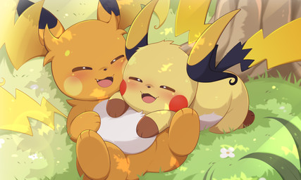 2_tails ambiguous_feral ambiguous_gender belly biped bipedal_feral black_body black_ears black_fur black_nose black_tail blush cheek_markings cute_fangs day detailed_background duo eyes_closed facial_markings fangs featureless_crotch feral flower fur gloves_(marking) grass head_markings high-angle_view hug hugging_another kemono lying markings monotone_tail multi_tail multicolored_body multicolored_ears multicolored_fur on_back on_front open_mouth open_smile orange_body orange_fur outside plant semi-anthro slightly_chubby slightly_chubby_ambiguous slightly_chubby_feral smile tail teeth tree two_tone_ears two_tone_tail white_body white_fur yellow_body yellow_ears yellow_fur yellow_tail toruu nintendo pokemon pokemon_legends_z-a generation_9_pokemon mammal mega_evolution mega_raichu mega_raichu_x mega_raichu_y pokemon_(species) rodent 2025 absurd_res colored digital_media_(artwork) hi_res shaded