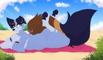 absurd_res anthro australian_cattle_dog beach belly big_belly big_breasts big_butt blue_body blue_eyes blue_fur bluey_(series) breasts brown_body brown_fur butt canid canine canis cattledog cheek_tuft cloud crossed_arms crossgender detailed detailed_background domestic_dog ears_up facial_tuft female floppy_ears fluffy fluffy_tail fur head_tuft herding_dog hi_res mammal markings multicolored_body multicolored_fur on_ground pastoral_dog pawpads paws plant relaxing sand shrub sky skyscape slightly_chubby slightly_chubby_anthro slightly_chubby_female smile smiling_at_viewer solo stripe_heeler striped_markings stripes sunbathing tail towel tsukipaw tuft