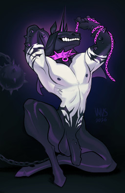 anthro arm_spikes balls black_background black_body chain chain_leash collar creepy eyeless genitals grin hooves horn leash leashed_collar male male_anthro nipples nude_anthro nude_male penis simple_background sitting small_waist smile solo spiked_collar spiked_penis spikes spikes_(anatomy) tail unicorn_horn weapon weapon_tail white_body vyvs mythology demon equid equine horse mammal monster mythological_creature mythological_equine unicorn hi_res genderfluid_(lore)