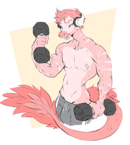 5_fingers anthro athletic athletic_anthro athletic_male biceps big_bulge bodily_fluids bottomwear bulge clothed clothing countershade_torso countershading electronics exercise fangs feathered_tail feathers fingers hair half-closed_eyes headphones huge_bulge male markings muscle_tone narrowed_eyes navel nipples open_mouth pants pecs pink_body pink_feathers pink_hair pink_scales purple_eyes scales sharp_teeth simple_background snout solo sweat sweatpants tail teeth topless topless_anthro topless_male weightlifting weights workout dullvivid goodbye_volcano_high reed_(gvh) dinosaur dromaeosaurid feathered_dinosaur feathered_scalie prehistoric_species reptile saurischian scalie theropod velociraptor 2024 colored digital_drawing_(artwork) digital_media_(artwork) hi_res portrait three-quarter_portrait
