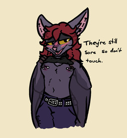 amber_eyes anthro areola barbell_piercing belt blush blush_lines bottomwear bra breasts choker claws clothed clothing denim denim_bottomwear denim_clothing dialogue ear_piercing exposed_breasts eyelashes fangs female flashing fur hair jeans jewelry looking_at_viewer membrane_(anatomy) membranous_wings navel necklace nipple_piercing nipples open_mouth pants partially_clothed piercing presenting presenting_breasts purple_body purple_fur purple_nipples red_hair simple_background slim small_breasts smile solo teeth text tongue tuft underwear undressing undressing_self winged_arms wings yellow_eyes bizart velika_(bizart) bat flying_fox mammal megabat 2026 aliasing digital_media_(artwork) english_text