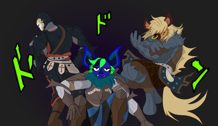 anthro armor big_ears chainmail fantasy greaves group kneeling knight male male/male pose simple_background tail text trio warrior villegreen for_honor_(game) jojo's_bizarre_adventure bat canid canine human hyena mammal hi_res japanese_text
