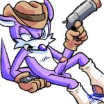 anthro balls biped clothing erection fur genitals gloves gun handwear hat headgear headwear humanoid_genitalia humanoid_penis male penis ranged_weapon sitting solo weapon amuzoreh sega sonic_the_hedgehog_(series) fang_the_hunter dipodid jerboa mammal rodent 1:1