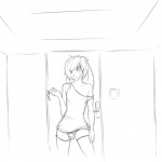 anthro bare_shoulders bulge clothed clothing crossdressing door eyelashes femboy floppy_ears front_view hair key legwear looking_at_viewer male naughty_face one_eye_closed panties seductive shirt smile solo tank_top thigh_highs topwear underwear wink nirai_(artist) zack_(thezackrabbit) lagomorph leporid mammal rabbit 1:1 2015 monochrome sketch