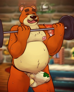 anthro balls belly bodily_fluids brown_body brown_fur bulge clothing exercise eyes_closed fur genitals humanoid_hands jockstrap male moobs nipples overweight overweight_anthro overweight_male penis solo sweat underwear workout daxhush animal_crossing nintendo teddy_(animal_crossing) bear mammal 2020