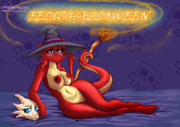 angry anthro barely_visible_genitalia barely_visible_vulva bed big_breasts blue_eyes blush bone breasts brown_eyes clothing cross-popping_vein duo female furniture genitals hair happy_halloween hat hat_only headgear headgear_only headwear headwear_only holidays horn innie_vulva magic_user mostly_nude multicolored_body multicolored_scales navel nipples orange_body pose red_body red_hair red_scales scales skeleton skull tail tan_body tan_scales text two_tone_body two_tone_scales vulva white_body wide_hips witch_hat yellow_eyes twaykoncita halloween mythology carmen_(rigo2036) larissa_(rigo2036) dragon mythological_creature mythological_scalie scalie 2025 absurd_res hi_res pinup spanish_text watermark sibling_(lore) sister_(lore) sisters_(lore)