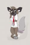 anthro bottomless brown_body clothed clothing embarrassed featureless_crotch fur inner_ear_fluff looking_at_viewer male simple_background solo tuft white_body white_fur meowmavi aggretsuko sanrio haida_(aggretsuko) hyena mammal spotted_hyena 2019 digital_media_(artwork) hi_res