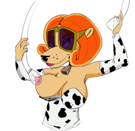 4_fingers anthro areola armwear big_breasts black_nose bodily_fluids breasts clothed clothing cowbell elbow_gloves eyewear female fingers fur gloves hair handwear lactating machine mature_anthro mature_female milk milking_machine nipple_outline nipples one_breast_out red_hair simple_background smile solo sunglasses tan_body tan_fur white_background dbaru nickelodeon t.u.f.f._puppy counting_cougar cougar felid feline mammal 2015