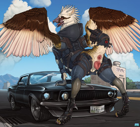 animal_genitalia animal_vulva anus bedroom_eyes belt belt_pouch breasts butt canine_genitalia canine_vulva car claws clothed clothed_feral clothing easy_access female fence feral footwear furgonomic_footwear furgonomics furry-specific_piercing genitals gloves graffiti handwear highway knife leaning_on_car legwear mountain multi_breast multicolored_body muscle_car narrowed_eyes no_underwear number_plate open_mouth outside piercing pink_anus pink_vulva pose presenting presenting_hindquarters public public_nudity road seductive sky skyscape solo sports_car tactical_gear tail tail_clothing teat_bra teat_piercing teats thigh_highs tongue translucent translucent_clothing vehicle vulva wings syn-6 mythology aadhya_(the_gryphon_generation) avian gryphon mythological_avian mythological_creature absurd_res hi_res pinup