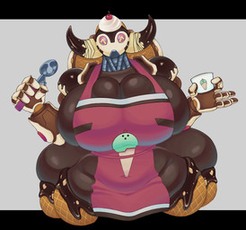 apron banana big_breasts breasts butt butt_from_the_front candy cherry chocolate chocolate_sauce cleavage clothed clothing dairy_products dessert female food fruit holding_object horn huge_breasts ice_cream ice_cream_scooper machine navel plant simple_background solo waffle_cone whipped_cream algooriginal blizzard_entertainment overwatch orisa_(overwatch) omnic robot taur hi_res letterbox