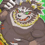 anthro black_body black_fur black_nose fur green_eyes kemono male overweight overweight_anthro overweight_male solo rockmai3 sengoku_puzzle kintoki_sakata bear mammal 1:1 2020 digital_media_(artwork) pixel_(artwork)