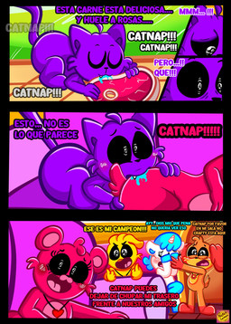 anthro beef bite blush butt_bite dream female food group horn male meat orange_body pink_body purple_body steak steak_in_mouth text white_body yellow_body rocketlennon mob_entertainment mythology poppy_playtime smiling_critters bobby_bearhug catnap_(poppy_playtime) craftycorn dogday_(poppy_playtime) kickinchicken avian bear bird canid canine canis chicken domestic_cat domestic_dog equid equine felid feline felis galliform mammal mythological_creature mythological_equine phasianid unicorn absurd_res comic hi_res spanish_text