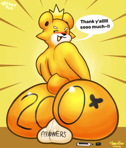 anthro balls bedroom_eyes body_writing butt crown crown_only dialogue fur genitals glistening glistening_balls glistening_butt glistening_genitalia headgear headgear_only looking_at_viewer male marker narrowed_eyes nude open_mouth seductive solo speech_bubble tail tongue triangle_nose writing_on_butt yellow_body yellow_fur honeybud twinkie_(honeybud) bear mammal absurd_res hi_res