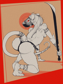 anthro biped bottomwear breasts butt clothed clothing feet female fingers fur hair holding_object holding_weapon long_hair long_tail mask melee_weapon mostly_nude red_eyes simple_background solo tail underwear weapon white_body gompami hasbro magic:_the_gathering wizards_of_the_coast ink-eyes mammal murid murine nezumi_(magic:_the_gathering) rat rodent 2025 absurd_res hi_res