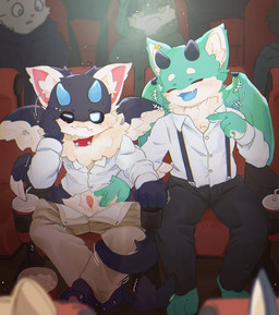 animal_genitalia anthro barefoot blush bodily_fluids bottomwear chair circle_eyebrows clothed clothing collar collared_shirt container cup disposable_cup dress_shirt duo ear_piercing eyebrows eyes_closed feathered_wings feathers feet furniture genital_fluids genitals gesture green_body hand_gesture hoodie horn inner_ear_fluff laugh male male/male movie_theater multi_wing neck_tuft on_chair open_bottomwear open_clothing open_mouth open_pants open_smile pants penis piercing pointing pointing_at_another precum precum_on_hand precum_string public purple_body rubbing_eyes sheath shirt sitting sitting_on_chair smile spiked_collar spikes spikes_(anatomy) suspenders tail tail_around_leg tail_motion teasing topwear tuft tuft_grab wavy_mouth wing_boner wing_spikes wings itsrainingsome mythology liu_(chambanfurry) reve_(chambanfurry) bear dragon felid feline imp mammal mythological_creature mythological_scalie polar_bear scalie ursine alternate_version_at_source hi_res