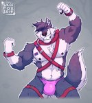 2019 absurd_res anthro areola armpit_hair artist_logo big_bulge biped bisexual_pride_colors body_hair body_harness bone bracelet bulge canid canine canis claws clothing collar digital_drawing_(artwork) digital_media_(artwork) eyebrows eyes_closed finger_claws grey_body grey_hair grin hair harness hi_res humanoid_hands jewelry lgbt_pride logo male mammal mostly_nude multicolored_tattoo nipples pink_clothing pink_underwear pride_color_tattoo pride_colors red_harness skaifox smile solo standing tail tattoo teeth underwear wolf
