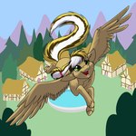 female feral flying fur green_eyes hair happy multicolored_hair open_mouth solo spread_wings tan_body tan_fur wings foxenawolf goldfur's_cogsverse hasbro my_little_pony mythology golden_words_(goldfur) equid equine mammal mythological_creature mythological_equine pegasus 1:1