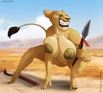 angry anthro anthrofied areola bared_teeth big_areola big_breasts big_nipples blue_eyes breasts broken_weapon female genitals huge_breasts innie_pussy melee_weapon nipples nude polearm pussy solo space spear tribal weapon yellow_sclera el-loko disney the_lion_king nala_(the_lion_king) felid lion mammal pantherine hi_res