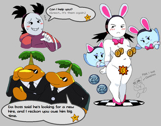 5_fingers beady_eyes bedroom_eyes big_nose black_clothing black_eyes black_eyewear black_hair black_necktie black_suit black_sunglasses black_text blue_blush blue_body blue_eyelids blush blush_lines blush_stickers bodily_fluids bow_tie breasts censored_genitalia censored_nipples censored_vulva clothing cuffs_(clothing) dialogue ellipsis embarrassed eyebrows eyelashes eyewear fake_cat_ears fake_ears fake_rabbit_ears fangs female fingers floating footwear frown ghost_tail glistening_eyelids grey_background grey_text group hair heart_eyes heart_symbol high_heels looking_at_viewer looking_away mafia male mask mostly_nude mostly_nude_female narrowed_eyes navel necktie nervous nervous_smile nude open_mouth open_smile pink_blush pink_bow_tie pink_clothing pink_footwear pink_high_heels pink_shoes question_mark red_clothing round_nose seductive shoes simple_background slightly_chubby small_breasts smile speech_bubble standing suit sunglasses sweat sweat_emanata sweatdrop teeth text thick_eyebrows thick_thighs wearing_mask white_body white_breasts white_shirt_collar white_shirt_cuffs white_skin wide_hips yellow_body yellow_skin genocityzone mario_bros nintendo paper_mario paper_mario:_the_thousand_year_door lahla_(mario) peeka_(mario) sadie_(genocity) tony_(paper_mario) vinny_(paper_mario) bandit_(mario) boo_(mario) ghost goomba humanoid pianta_(super_mario_sunshine) sphere_creature spirit waddling_head 2025 censored digital_media_(artwork) english_text
