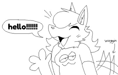 4_fingers anthro clothing dialogue directional_arrow emanata female fingers lidded_eyes print_clothing print_shirt print_topwear shirt simple_background solo speech_bubble tail tail_motion tailwag text topwear white_background bigsteppies canid mammal black_and_white english_text monochrome