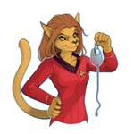 5_fingers anthro badge breasts brown_body brown_eyes brown_fur brown_hair clothing computer_mouse eyebrows eyelashes female fingernails fingers fur hair insignia nails pupils raised_tail simple_background slit_pupils snout solo tail uniform foxmode star_trek star_trek_the_animated_series m'ress caitian domestic_cat felid feline felis mammal 1:1 2020 digital_media_(artwork) half-length_portrait portrait