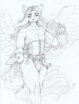 anthro belt bulge clothing corset eye_through_hair fetlocks hair lingerie long_hair looking_at_viewer male melee_weapon scabbard solo sword topwear translucent translucent_hair weapon wings longinius hasbro my_little_pony mythology fan_character satin_sabre_(snowberry) equid equine mammal mythological_creature mythological_equine pegasus 2024 hi_res line_art monochrome traditional_media_(artwork)