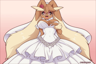 anthro big_breasts black_sclera bodily_fluids breasts brown_body brown_fur brown_hair clothing dress eyelashes eyewear female female_anthro flower flower_accessory fur glasses hair looking_at_viewer open_mouth pink_eyes plant rose_(flower) simple_background solo sweat sweatdrop tan_body tan_fur tongue wedding_dress yorusagi nintendo pokemon generation_4_pokemon lagomorph lopunny mammal pokemon_(species) 2026 hi_res signature