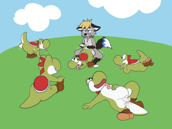 anal anal_penetration bodily_fluids collar cum cum_in_ass cum_inside egg genital_fluids group male male/male outside outside_sex oviposition penetration sex voyeur scuzzyfox mario_bros nintendo scuzzy_(scuzzyfox) canid canine fox mammal yoshi 4:3 absurd_res hi_res
