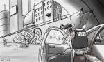 barrel bridge building bullet_hole car clothing cracked_window gun handgun male motor_vehicle outside pistol police police_car police_uniform police_vehicle ranged_weapon shooting uniform urban vehicle weapon brokeguy21 disney zootopia nick_wilde canid canine fox mammal red_fox true_fox greyscale monochrome