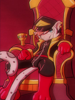 anthro blue_eyes chair clothed clothing ear_piercing furniture gloves hair handwear hat headgear headwear latex latex_clothing looking_at_viewer male orange_hair piercing sitting smile smirk solo throne eyeball6300_(chiv) roxxie_schnee haplorhine mammal monkey primate 3:4 hi_res