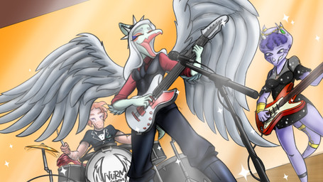 accessory afterimage anthro band biped black_bottomwear black_clothing black_dress black_pants black_shirt black_topwear blue_body blue_scales bone_frill bottomwear breasts clothed clothed_anthro clothed_female clothed_male clothing collar cymbals dress drum drumstick_(musical) elbow_feathers electric_guitar electronics eyes_closed eyeshadow facial_horn feathered_tail feathered_wings feathers female fingers frill_(anatomy) furgonomics grey_body grey_feathers grey_hair group guitar hair happy horn long_hair long_tail looking_down makeup male markings medium_breasts microphone microphone_stand musical_instrument non-mammal_breasts pants percussion_instrument pink_body pink_scales playing_guitar playing_music plucked_string_instrument purple_body purple_eyes purple_hair purple_scales red_body red_feathers scales shirt short_hair short_tail singing sitting smile sparkles spiked_collar spikes spots spotted_markings standing string_instrument striped_markings stripes tail tail_accessory tailband teeth topwear trio wings wire wristband kaewhy cavemanon_studios goodbye_volcano_high ko_op_(game_developer) snoot_game fang_(gvh) reed_(gvh) trish_(gvh) ceratopsian ceratopsid chasmosaurine dinosaur dromaeosaurid marginocephalian ornithischian prehistoric_species pterosaur reptile saurischian scalie theropod triceratops velociraptor 16:9 2024 colored hi_res widescreen nonbinary_(lore)