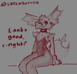 anthro bulge clothing collar dialogue fidgeting fishnet_clothing fishnet_legwear legwear lipstick looking_at_viewer makeup male motion_lines one_eye_closed playboy_bunny playboy_outfit solo tail text wink sarcobutter nintendo pokemon braixen generation_6_pokemon pokemon_(species) english_text