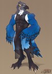 abs anthro avian avian_feet beak biceps bird blue_bird blue_body blue_feathers bulge clothed clothing crossdressing detailed_bulge dress erection erection_under_clothing feathers front_view genitals hands_on_hips head_jewelry hi_res humanoid_genitalia humanoid_penis looking_at_viewer male muscular muscular_male nandolicious pecs penis simple_background solo standing translucent translucent_clothing wings