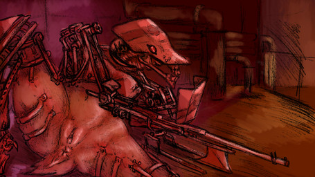 anthro axe body_horror cybernetics female genitals gun machine military plump_labia presenting presenting_vulva ranged_weapon soldier solo spread_legs spreading vulva warrior weapon gummi_art bovid caprine cyborg goat mammal robot 16:9 digital_drawing_(artwork) digital_media_(artwork) digital_painting_(artwork) hi_res painting_(artwork) sketch widescreen