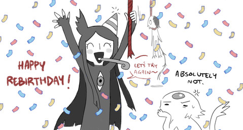 :d ^_^ ambiguous_gender annoyed birthday black_tail black_text chest_eye clothing confetti cross-popping_vein dialogue eyes_closed forehead_gem gem grey_body grey_ears grey_gem grey_hair group hair hanged hat headgear headwear long_hair male noose open_mouth open_smile party_hat red_rope red_text rope sidelocks smile solid_circle_eyes speech_bubble split_color_head tail text trio jejejunum ember_(jejejunum) pest_(jejejunum) secret_(jejejunum) fraid_(species) humanoid nethermare proto-nethermare 2026 digital_drawing_(artwork) digital_media_(artwork) english_description english_text firealpaca_(artwork) half-length_portrait portrait female_(lore)