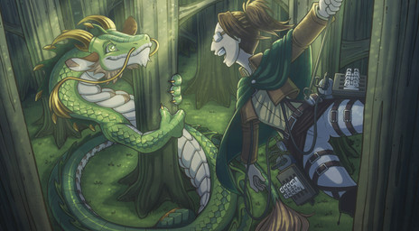 2_horns 5_fingers beard black_boots black_clothing black_footwear blonde_facial_hair blonde_mustache boots bottomwear breasts brown_beard brown_body brown_bottomwear brown_clothing brown_ears brown_facial_hair brown_hair brown_inner_ear brown_jacket brown_scales brown_skirt brown_tail_tuft brown_topwear claws cloak closed_smile clothed clothed_female clothed_human clothing diamond_pupils duo eyewear facial_hair female female_human feral fingers footwear forest glasses golden_claws grass green_body green_cloak green_clothing green_eyes green_scales hair horn jacket light light_beam long_hair long_sleeves male male_feral mouth_closed multicolored_body multicolored_scales mustache nature open_clothing open_jacket open_mouth open_smile open_topwear outside pants pink_tongue plant ponytail pupils quadruped rope scales serpentine shoes skirt smile snout sunbeam sunlight tail tail_tuft tan_clothing tan_shirt tan_topwear teeth tongue topwear tree tuft two_tone_inner_ear ventral_scales white_body white_bottomwear white_clothing white_inner_ear white_pants white_pupils white_scales yellow_body yellow_horn yellow_scales bluestripedrenulian attack_on_titan mythology hange_zoe dragon eastern_dragon human mammal mythological_creature mythological_scalie scalie 2026 hi_res lighting