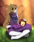 ambiguous_gender anthro brown_hair clothing duo eyes_closed female fur hair horn long_ears robe sleeping white_body white_fur cashmere_(artist) cheshiresdesires undertale undertale_(series) frisk_(undertale) toriel boss_monster_(undertale) bovid caprine human mammal 2015 4:5 digital_media_(artwork) hi_res