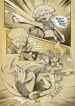 angry anthro arm_tattoo biped blue_eyes book chest_spike claws dialogue eyelashes female fight fur group inside male page_number red_eyes red_tattoo spikes spikes_(anatomy) tail tattoo text toe_claws trio truescorn nintendo pokemon pokemon_mystery_dungeon spike_chunsoft asche_(truescorn) clarity_(truescorn) orchid_(truescorn) generation_4_pokemon lucario pokemon_(species) weavile 2026 absurd_res colored comic english_text hi_res huge_filesize