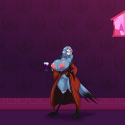 4_eyes anthro areola bathrobe beak big_breasts biped breasts clothing container crossgender cup drinking_glass female genitals glass glass_container glass_cup huge_breasts light mtf_crossgender multi_eye nipples non-mammal_breasts pink_areola pink_nipples purple_wall red_eyes robe solo standing thick_thighs vulva wall_(structure) wine_glass ber00 hellaverse helluva_boss stolas_(helluva_boss) avian bird owl owl_demon 1:1 2023 absurd_res digital_drawing_(artwork) digital_media_(artwork) english_description hi_res lighting